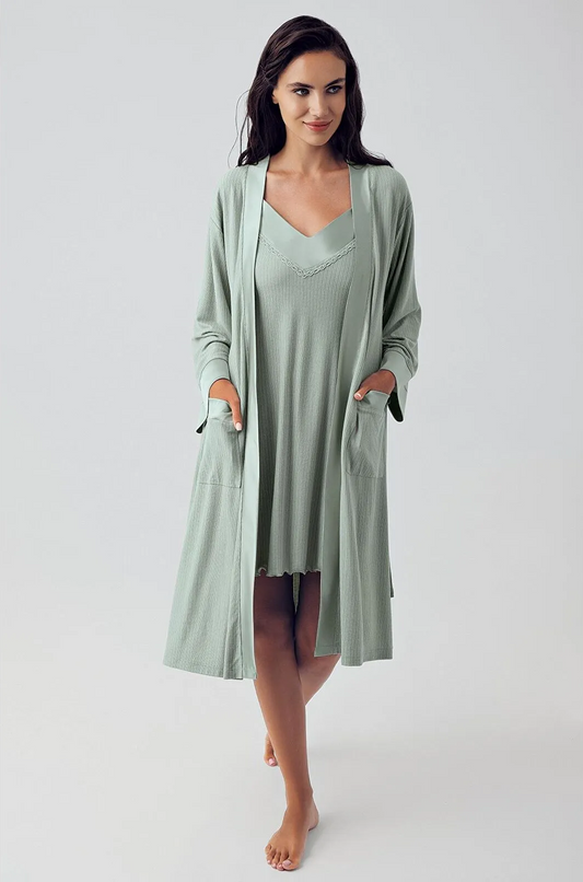Women's Green Flexible Viscose Short Strap Robe & Nightgown Set