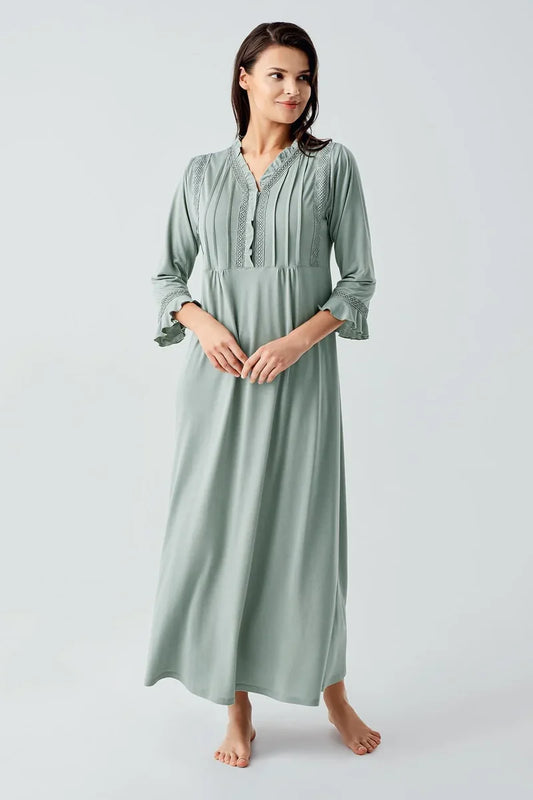 Women's Green Lace-Detail Buttoned Long-Sleeve Viscose Nightgown