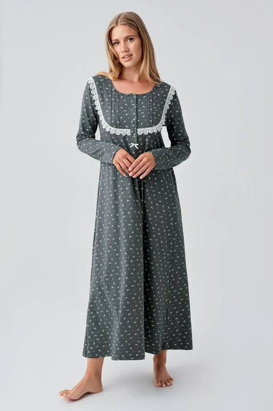 Women's Green Long-Sleeve Patterned Buttoned Flexible Cotton Nightgown