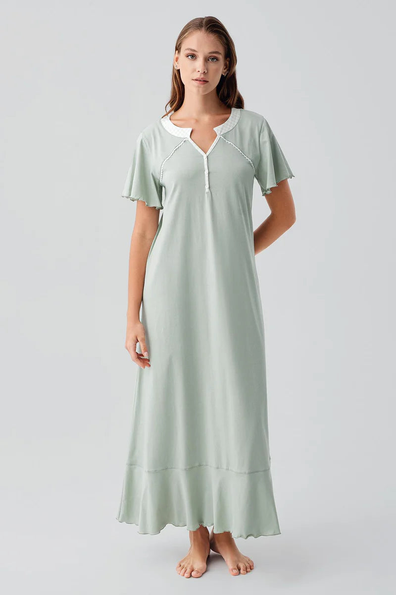 Women's Green Short-Sleeve Buttoned Long 100% Cotton Nightgown