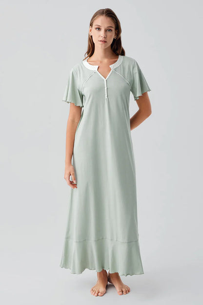 Women's Green Short-Sleeve Buttoned Long 100% Cotton Nightgown