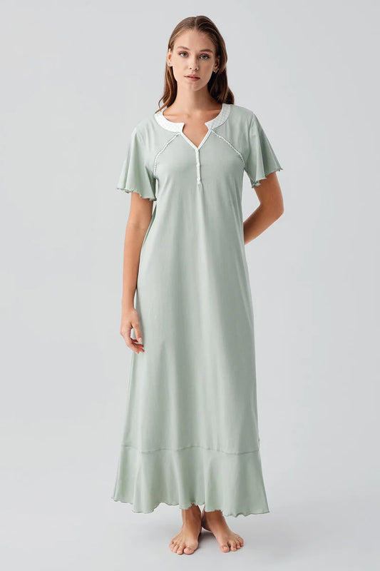 Women's Green Short-Sleeve Buttoned Long 100% Cotton Nightgown
