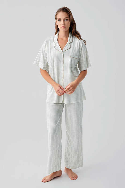 Women's Green Short-Sleeve Buttoned Pocket Gingham Check Pattern 100% Cotton Pajama Set