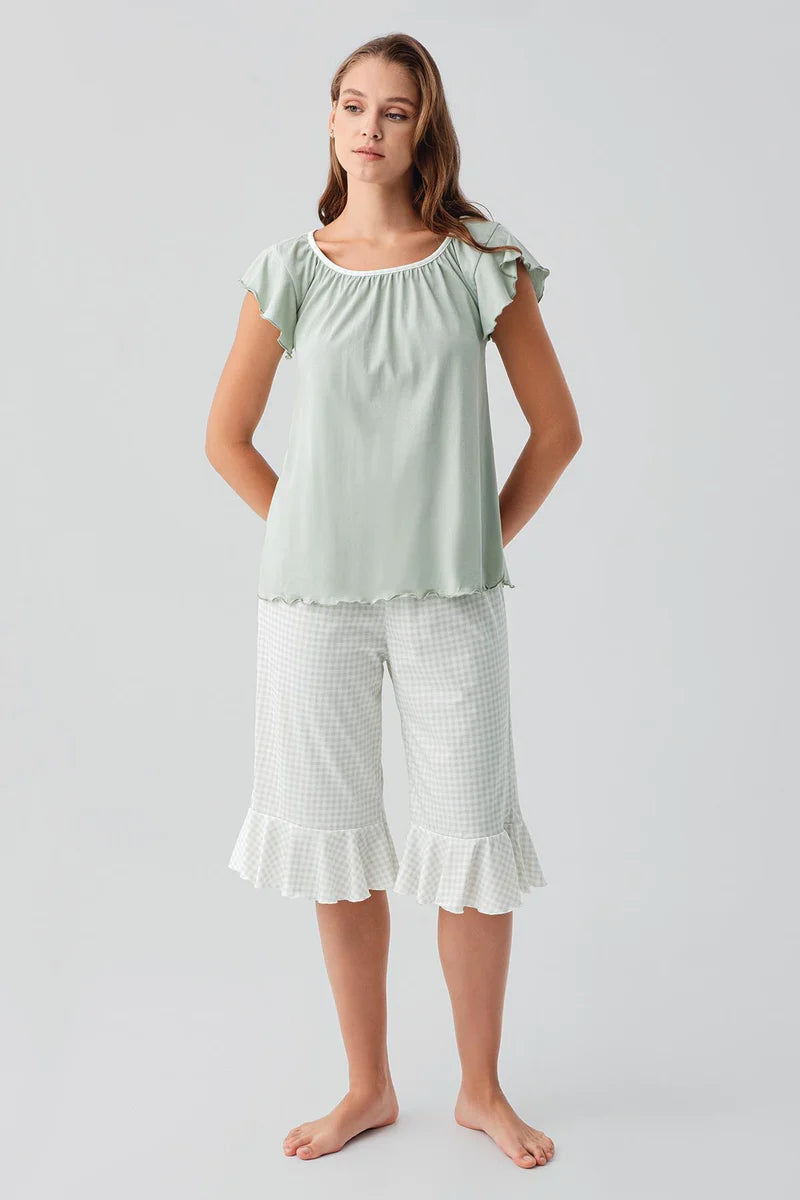 Women's Green Short-Sleeve Gingham Check Pattern 100% Cotton Capri Pajama Set
