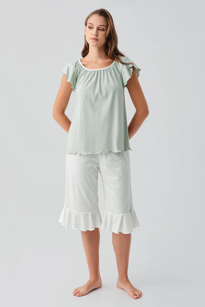 Women's Green Short-Sleeve Gingham Check Pattern 100% Cotton Capri Pajama Set