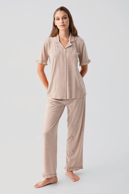 Women's Light Brown Short-Sleeve Buttoned Ruffle-Detail Cotton Pajama Set