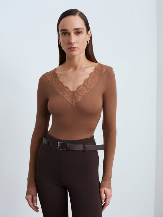 Women’s Mink Lace Trim Micro Modal & Cashmere Blend Blouse – Soft Stretch Long Sleeve Top