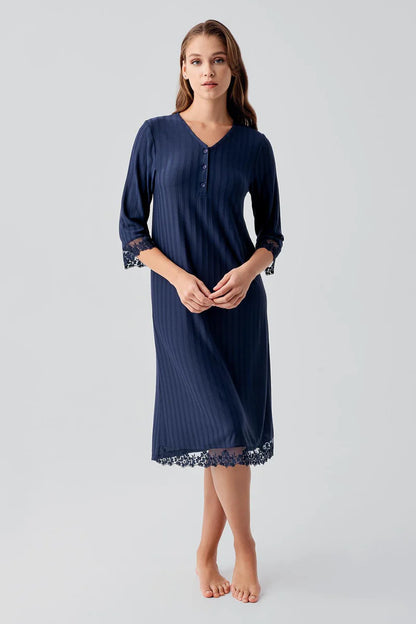 Women's Navy Blue Long-Sleeve Lace-Detail Buttoned Flexible Viscose Nightgown