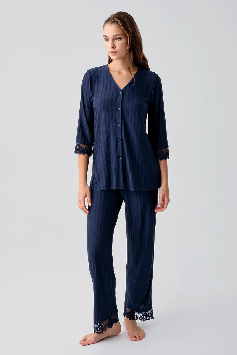 Women's Navy Blue Short-Sleeve Lace-Detail Buttoned Flexible Viscose Pajama Set