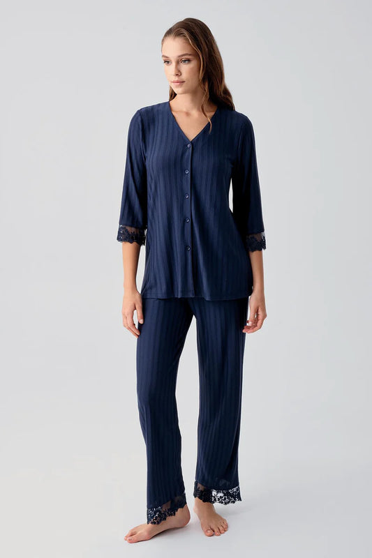 Women's Navy Blue Short-Sleeve Lace-Detail Buttoned Flexible Viscose Pajama Set