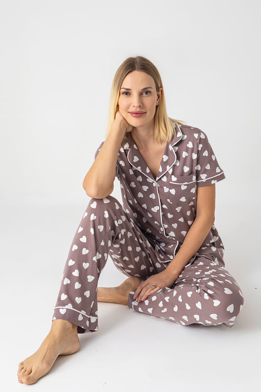 Women’s 100% Cotton Heart Print Brown Pajama Set – Soft Button-Up Short Sleeve Lounge Sleepwear