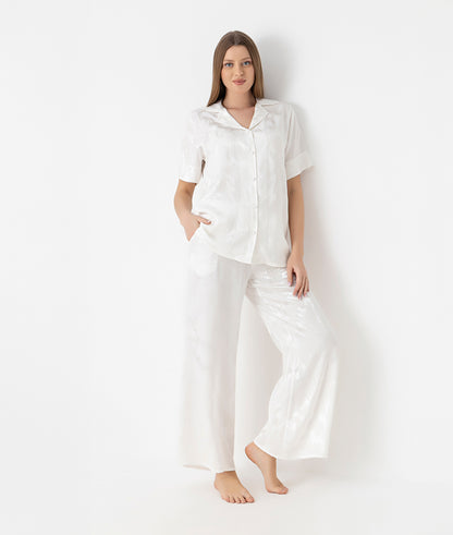 Women's Woven Satin Wide-Leg Ecru Pajama Set