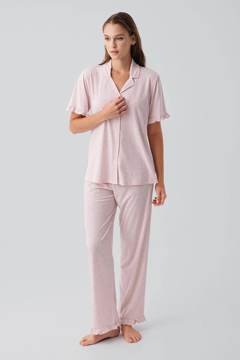 Women's Pink Short-Sleeve Buttoned Ruffle-Detail Cotton Pajama Set