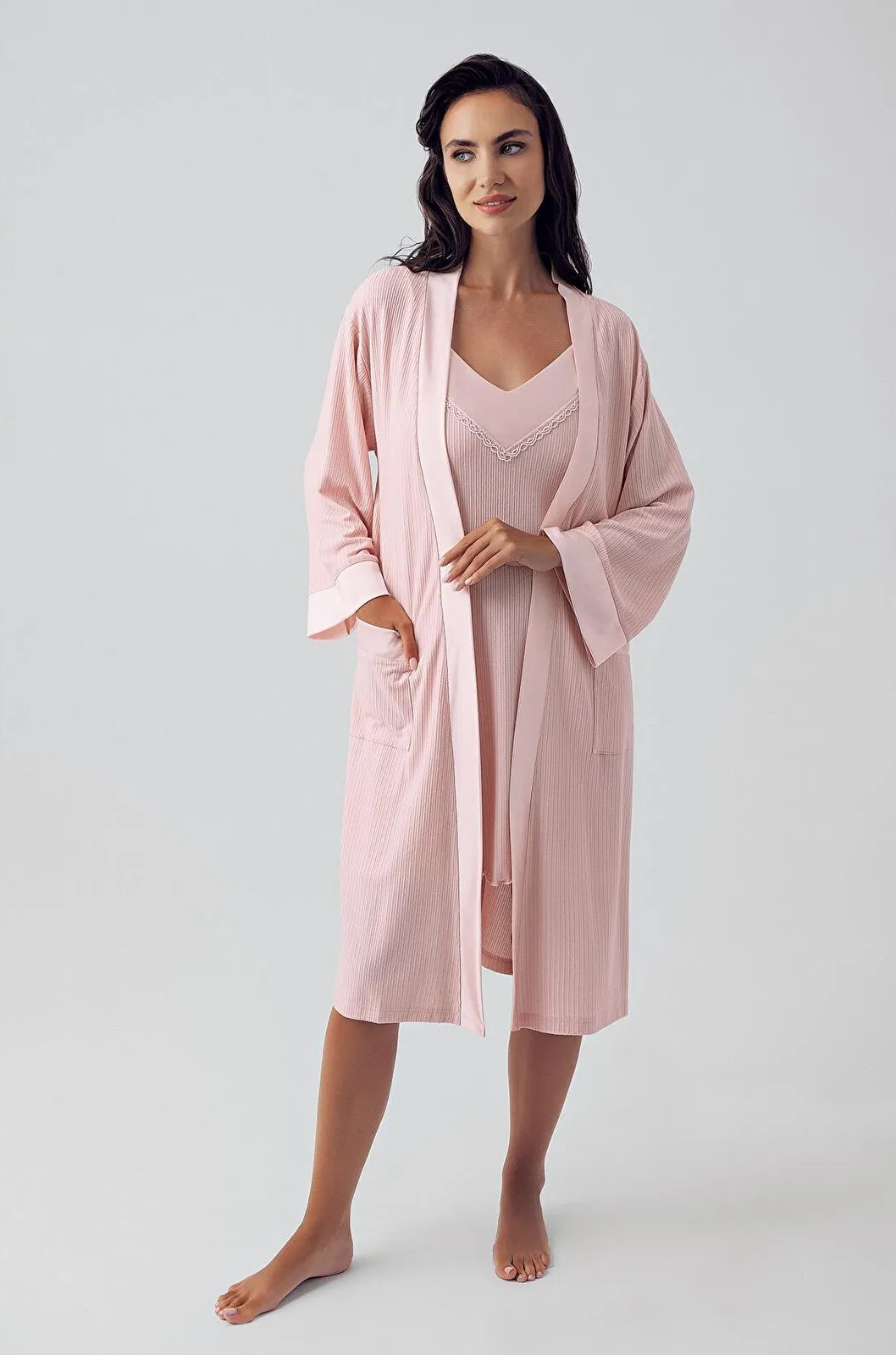 Women's Pink Flexible Viscose Short Strap Robe & Nightgown Set