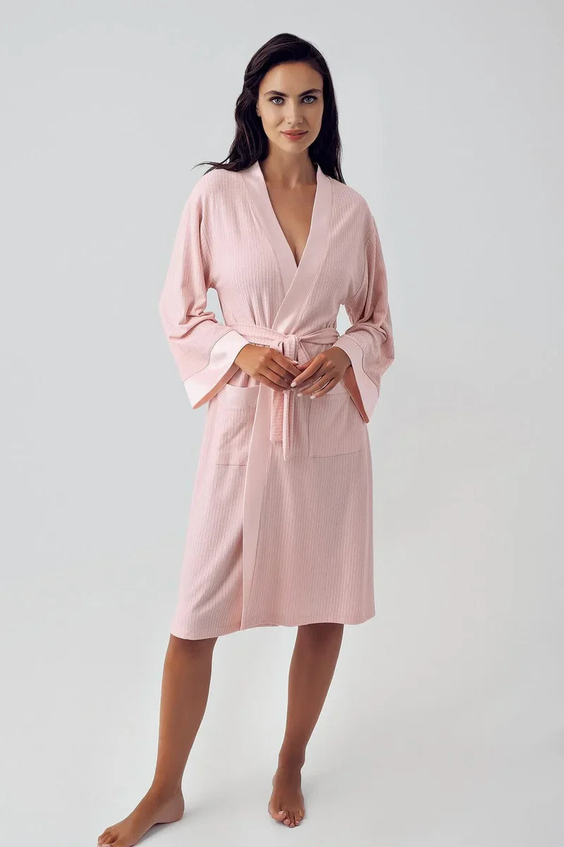 Women's Pink Long-Sleeve Flexible Viscose Short Robe