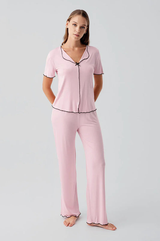 Women's Pink Short-Sleeve Bow-Detail Viscose Pajama Set