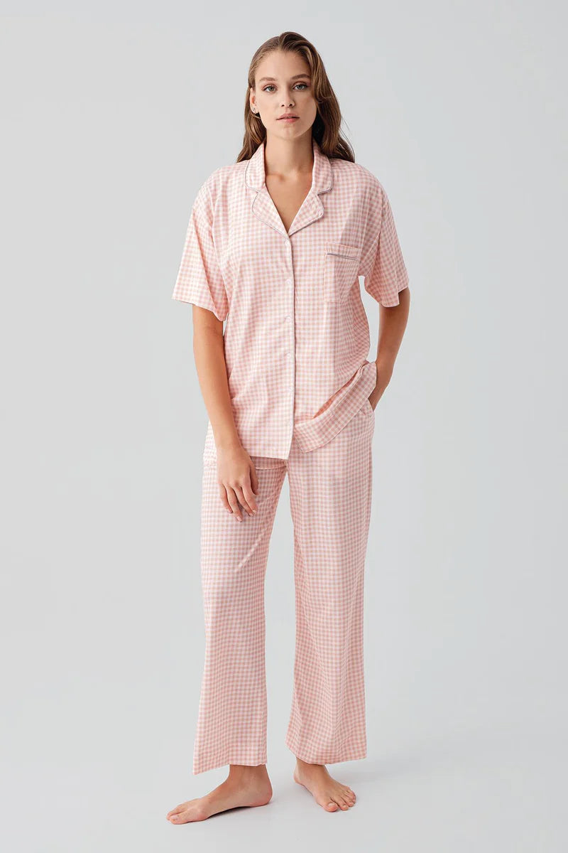 Women's Pink Short-Sleeve Buttoned Pocket Gingham Check Pattern 100% Cotton Pajama Set