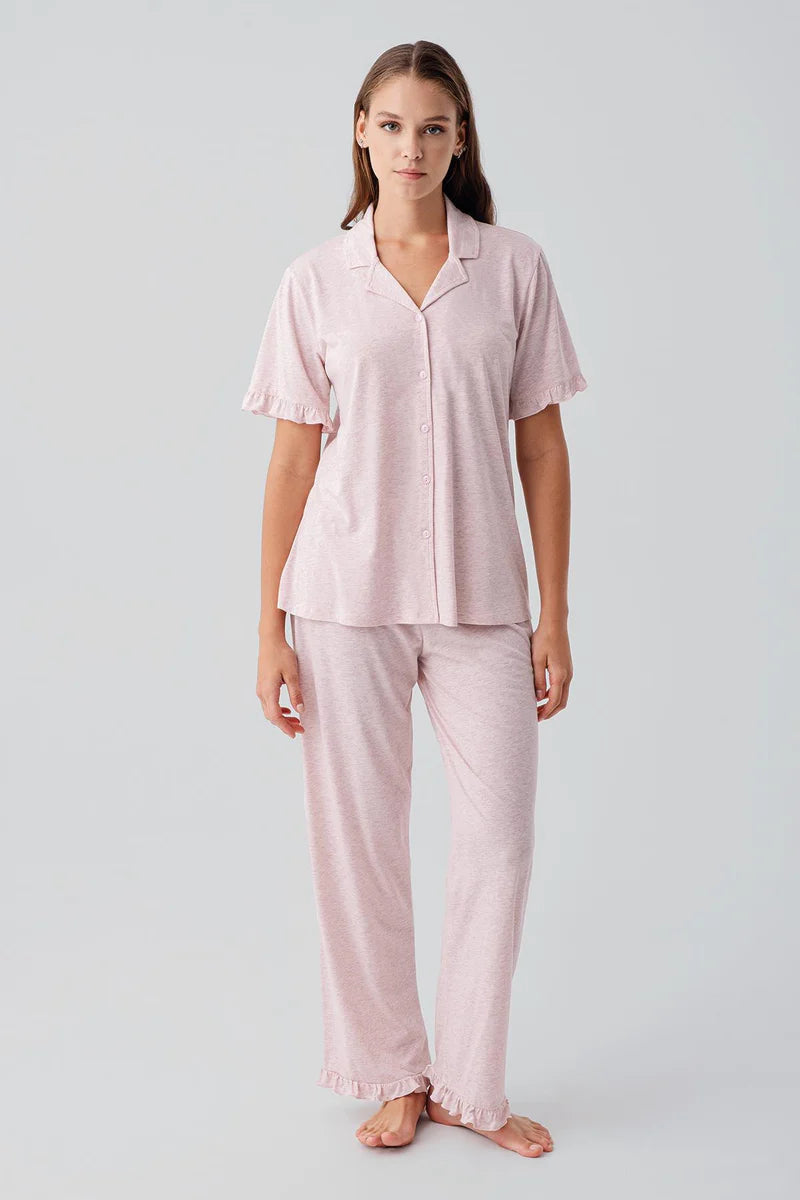 Women's Pink Short-Sleeve Buttoned Ruffle-Detail Cotton Pajama Set