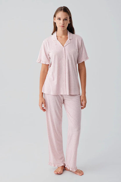 Women's Pink Short-Sleeve Buttoned Ruffle-Detail Cotton Pajama Set