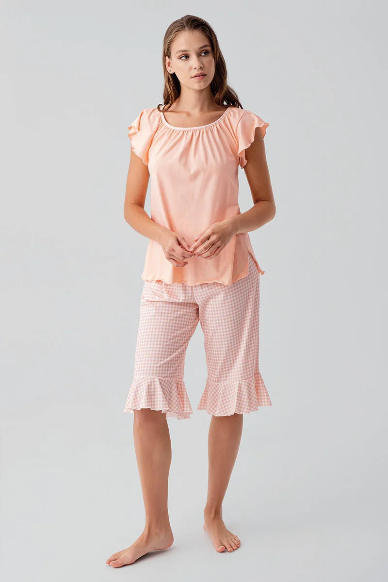 Women's Pink Short-Sleeve Gingham Check Pattern 100% Cotton Capri Pajama Set