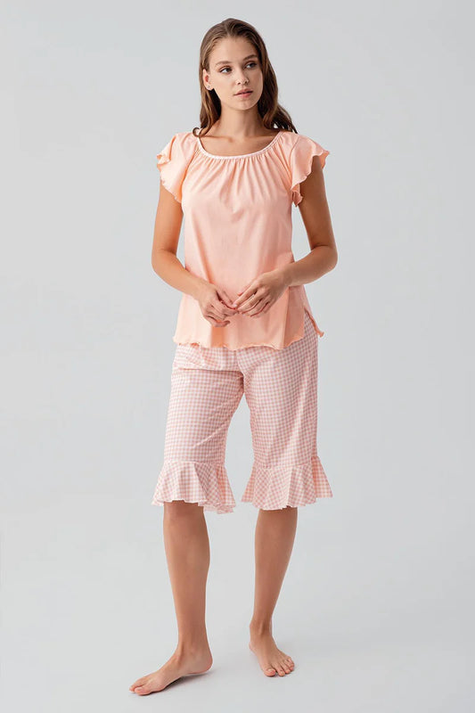 Women's Pink Short-Sleeve Gingham Check Pattern 100% Cotton Capri Pajama Set