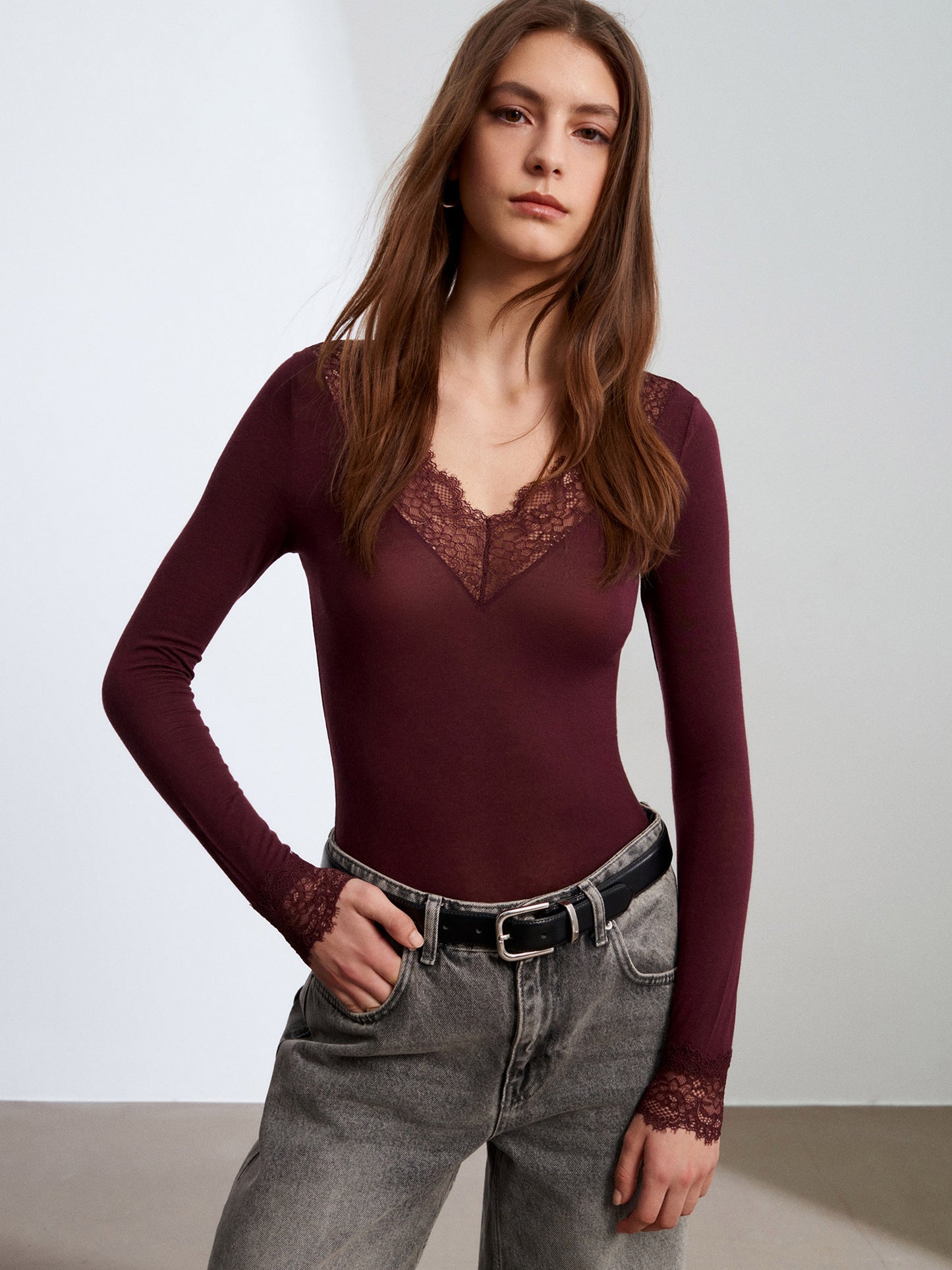 Women’s Plum Lace Trim Micro Modal & Cashmere Blend Blouse – Soft Stretch Long Sleeve Top
