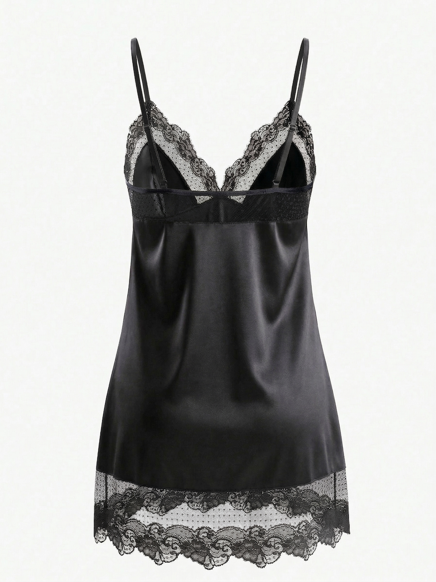 Women’s Polka Dot Black Satin Mini Slip Nightgown with Ruffle Straps, Lace Trim and Tulle