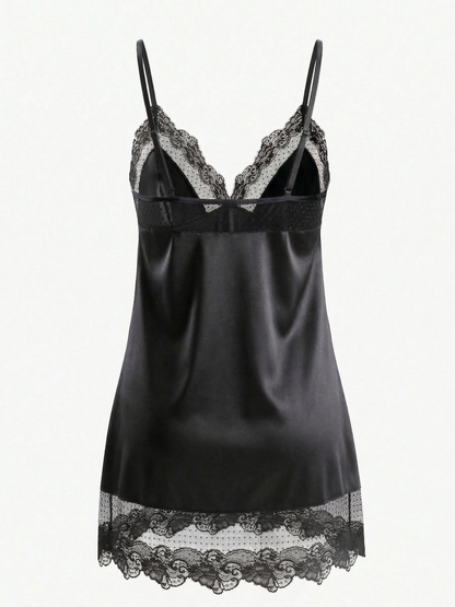 Women’s Polka Dot Black Satin Mini Slip Nightgown with Ruffle Straps, Lace Trim and Tulle