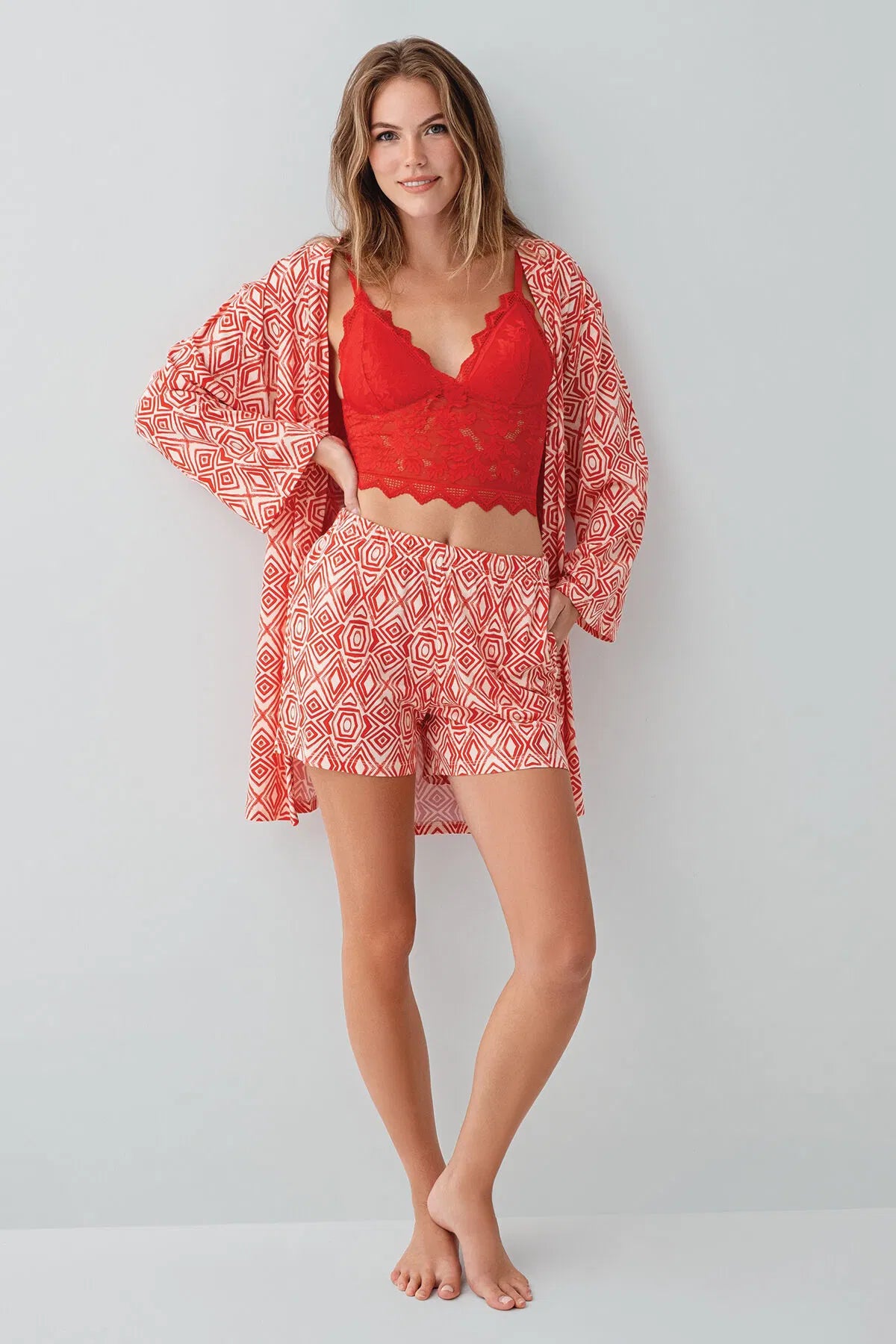 Women's Red 3-Piece Cotton Modal Robe Set