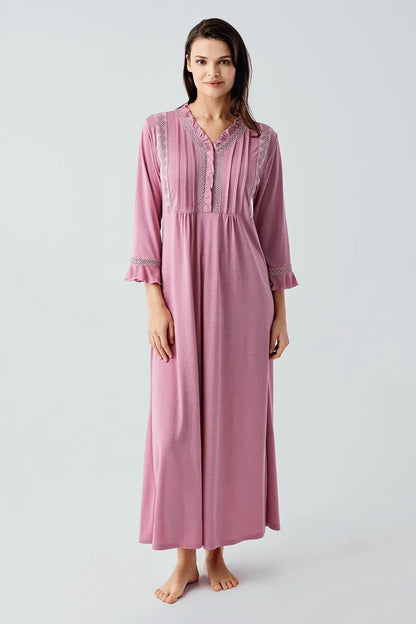 Women's Rose Lace-Detail Buttoned Long-Sleeve Viscose Nightgown