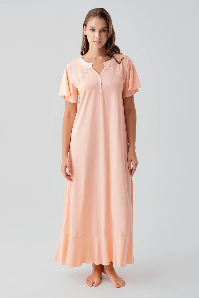 Women's Salmon Short-Sleeve Buttoned Long 100% Cotton Nightgown
