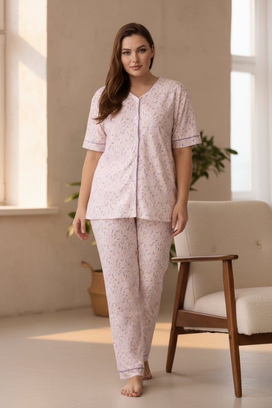 Women's Short-Sleeve Buttoned Plus-Size Viscose Pajama Set - Light Lilac
