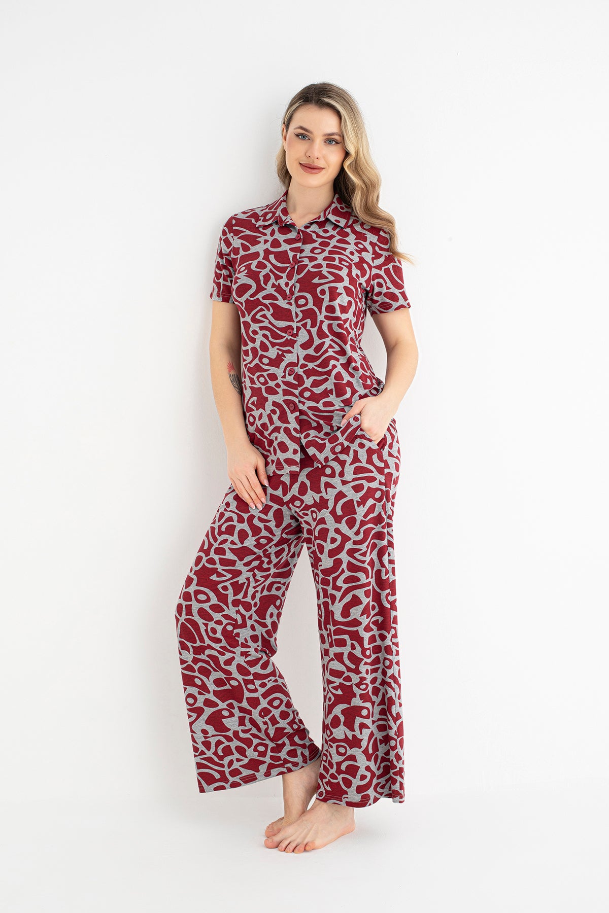 Women's 100% Viscose Short Sleeve Button-Up Red & Grey Patterned Pajama Set