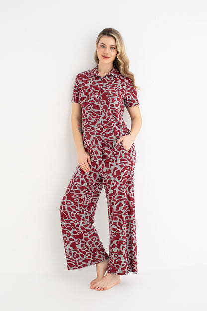 Women's 100% Viscose Short Sleeve Button-Up Red & Grey Patterned Pajama Set