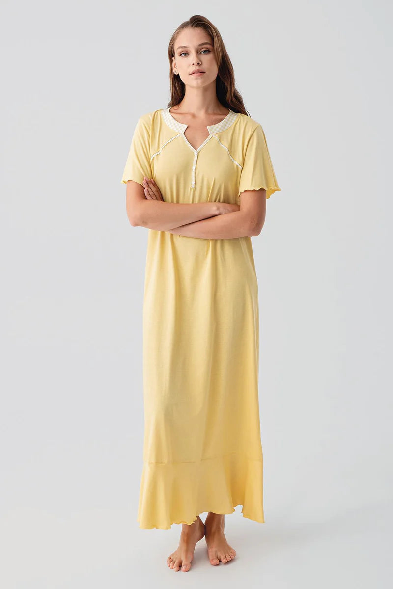Women's Yellow Short-Sleeve Buttoned Long 100% Cotton Nightgown