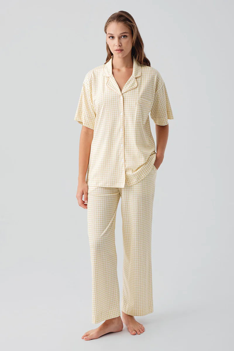 Women's Yellow Short-Sleeve Buttoned Pocket Gingham Check Pattern 100% Cotton Pajama Set