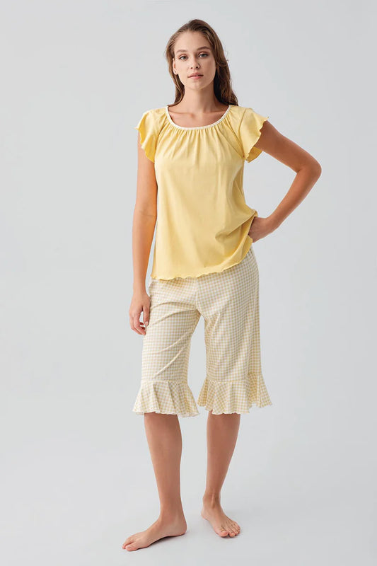 Women's Yellow Short-Sleeve Gingham Check Pattern 100% Cotton Capri Pajama Set
