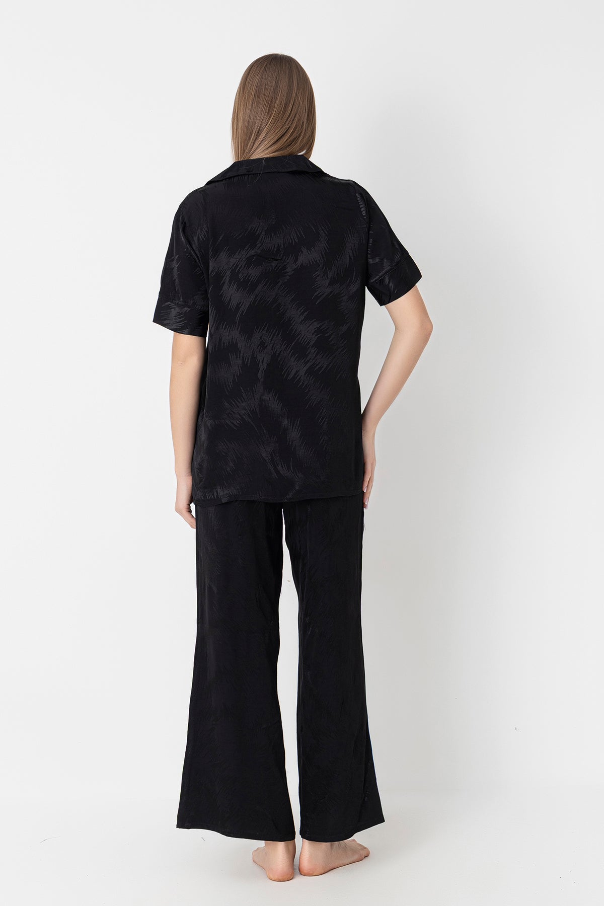 Women's Woven Satin Wide-Leg Black Pajama Set