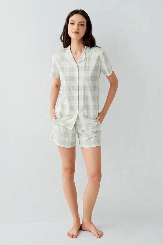 Women's 100% cotton Short Sleeve Green Shirt and Shorts Set