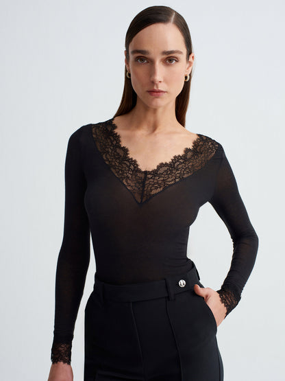 Women’s Black Lace Trim Micro Modal & Cashmere Blend Blouse – Soft Stretch Long Sleeve Top