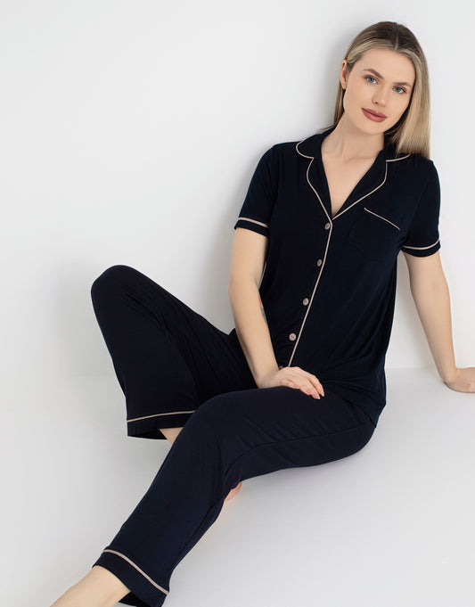 Women’s Navy Blue Cotton Pajama Set – Button-Front Short Sleeve Soft 100% Cotton Sleepwear