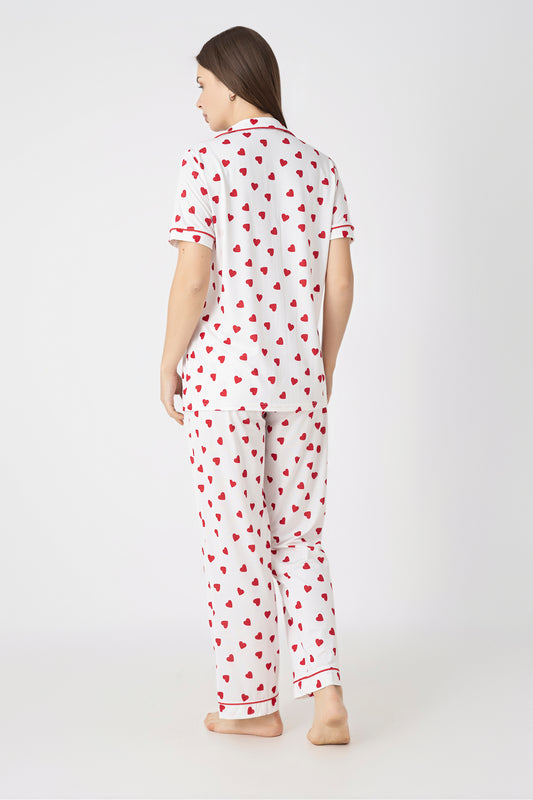 Women’s Heart Print Button-Front Ecru Pajama Set – Soft Viscose Lycra Sleepwear