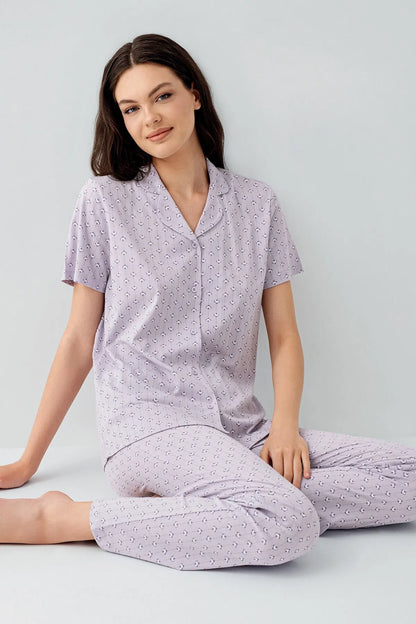 Women's High Quality Modal Cotton Short Sleeve Purple Shirt Pajama Set