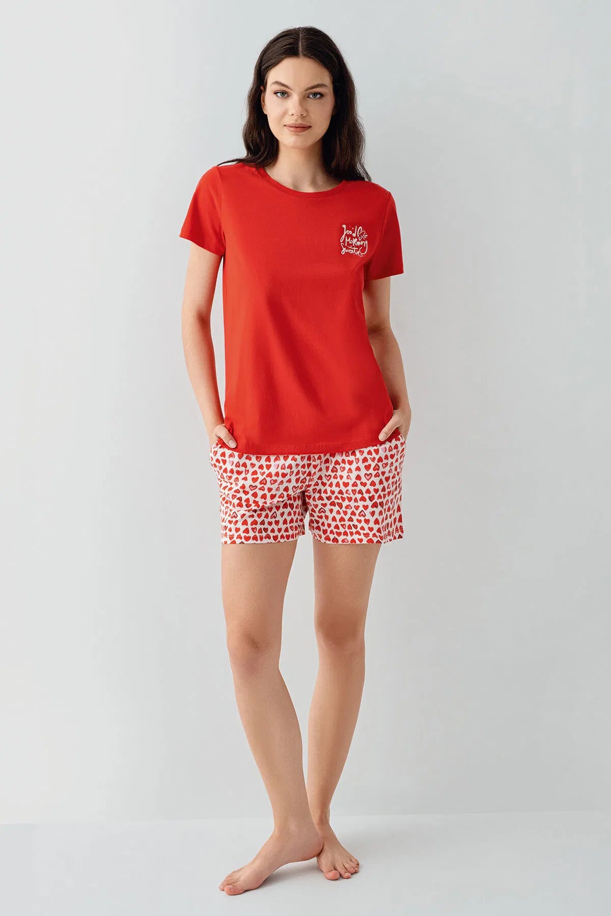 Women's 100% cotton Short Sleeve Red Shirt and Shorts Set