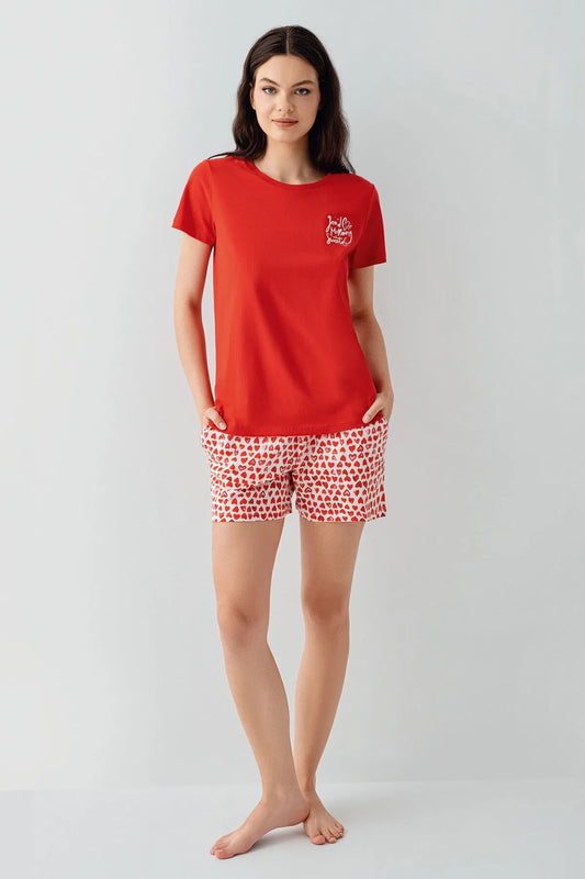 Women's 100% cotton Short Sleeve Red Shirt and Shorts Set