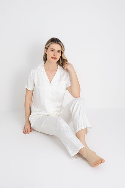 Women’s Short-Sleeve Button-Front Ecru Leopard Print Pajama Set – 100% Viscose
