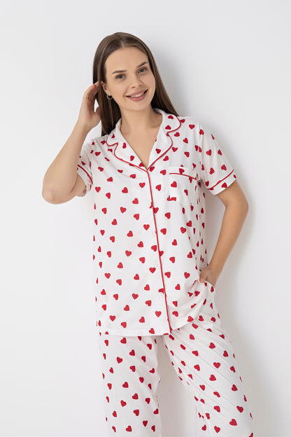 Women’s Heart Print Button-Front Ecru Pajama Set – Soft Viscose Lycra Sleepwear