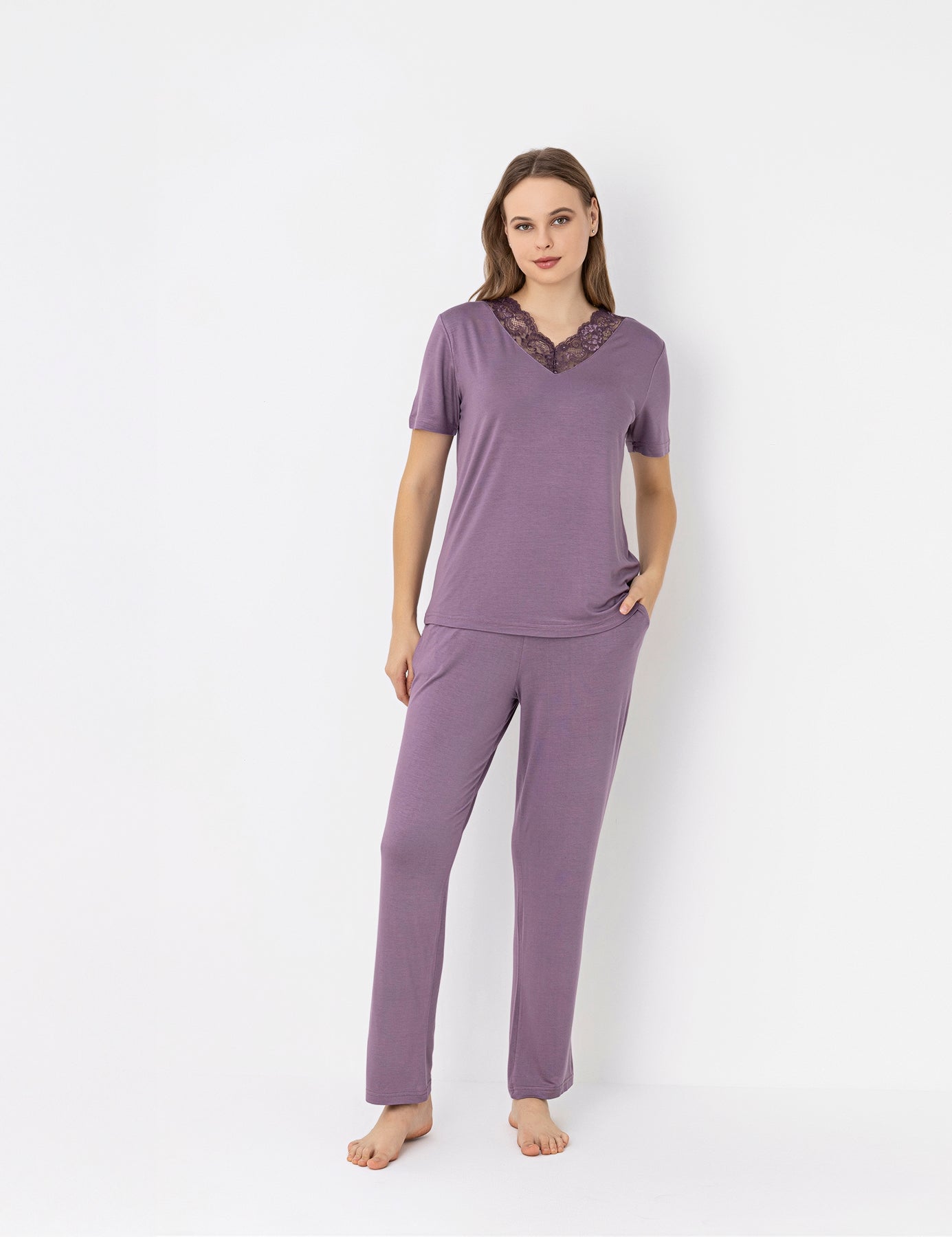Women's Purple V-Neck Pajama Set - Soft Viscose Sleepwear with Lace Trim