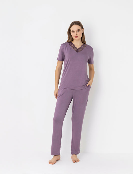Women's Purple V-Neck Pajama Set - Soft Viscose Sleepwear with Lace Trim