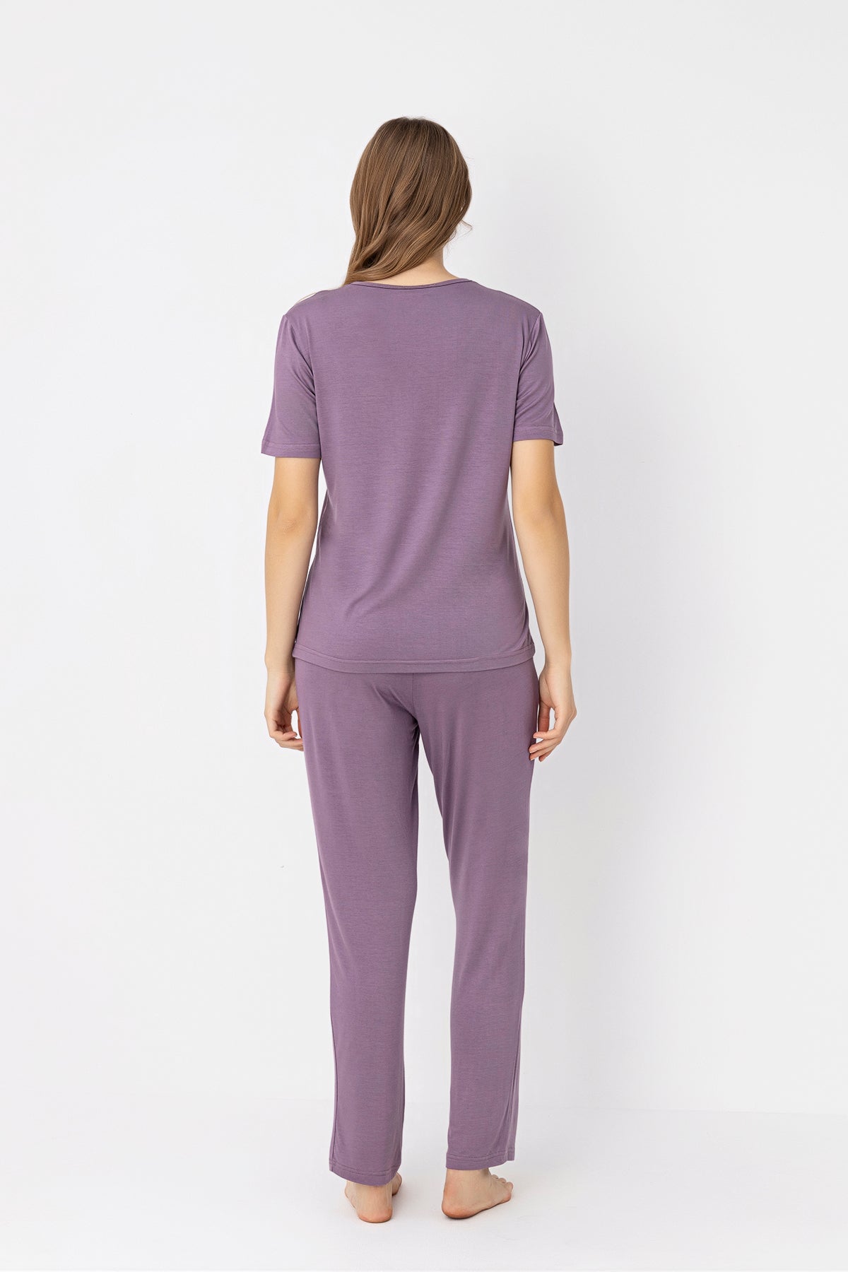 Women's Purple V-Neck Pajama Set - Soft Viscose Sleepwear with Lace Trim